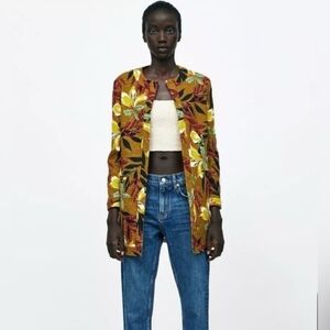 Zara Tropical Open Womens Size L Coat Floral Collarless Multicolor